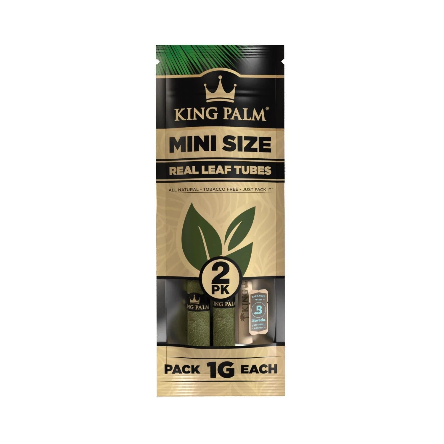 King Palm Mini Size Real Leaf Tubes Natural 2er Pack – tabakfreie Blattröhrchen 1g mit Boveda Feuchtigkeitsregler